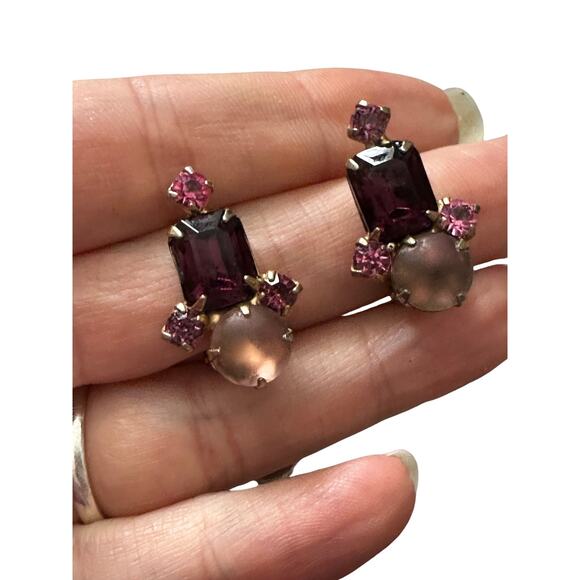 Vintage Purple Rhinestone Clip On Earrings - Picture 3 of 5